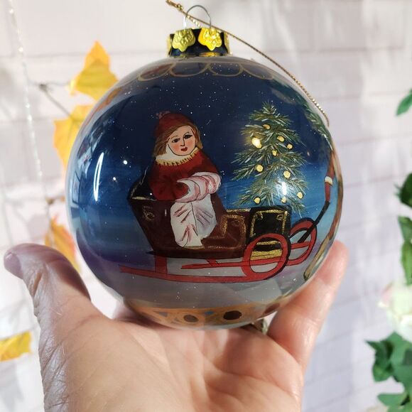 Inside Painted Glass Christmas Ornament Victorian Style Children on Sled Ball - Picture 7 of 9